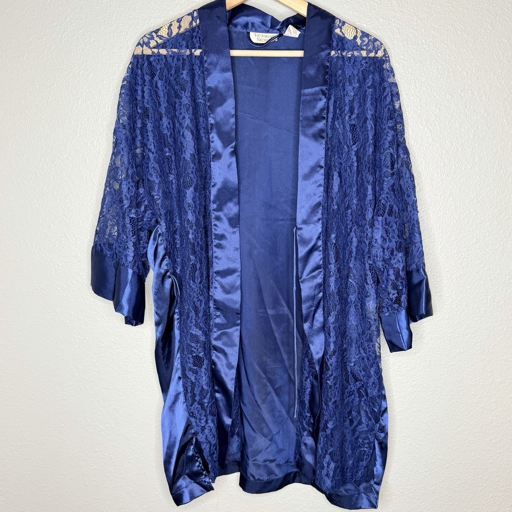 VTG Victoria's Secret Blue Satin Lace Robe Gold Label 90s Lingerie‎ No Belt OS